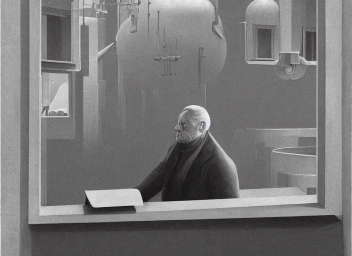Prompt: spherical glass Anthony Hopkins working at a steel factory Edward Hopper and James Gilleard, Zdzislaw Beksinski highly detailed