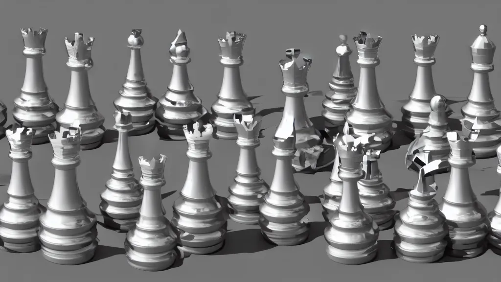 Image similar to 3d rendering, studio shot of full body portrait of metal chess pieces in a row, hyper realistic detailed, rim light