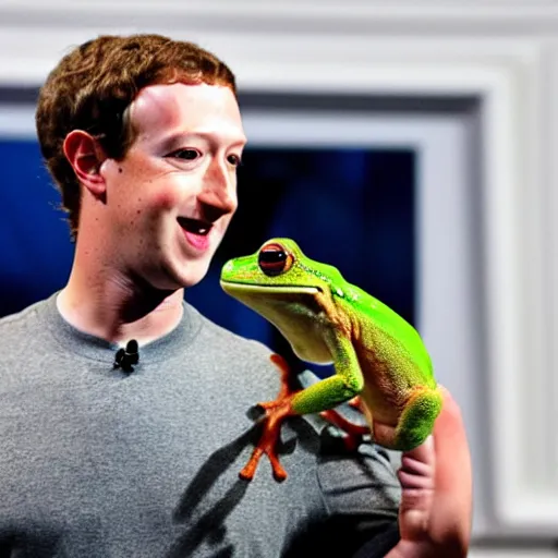 Image similar to mark zuckerberg holding his pet frog looking at the camera