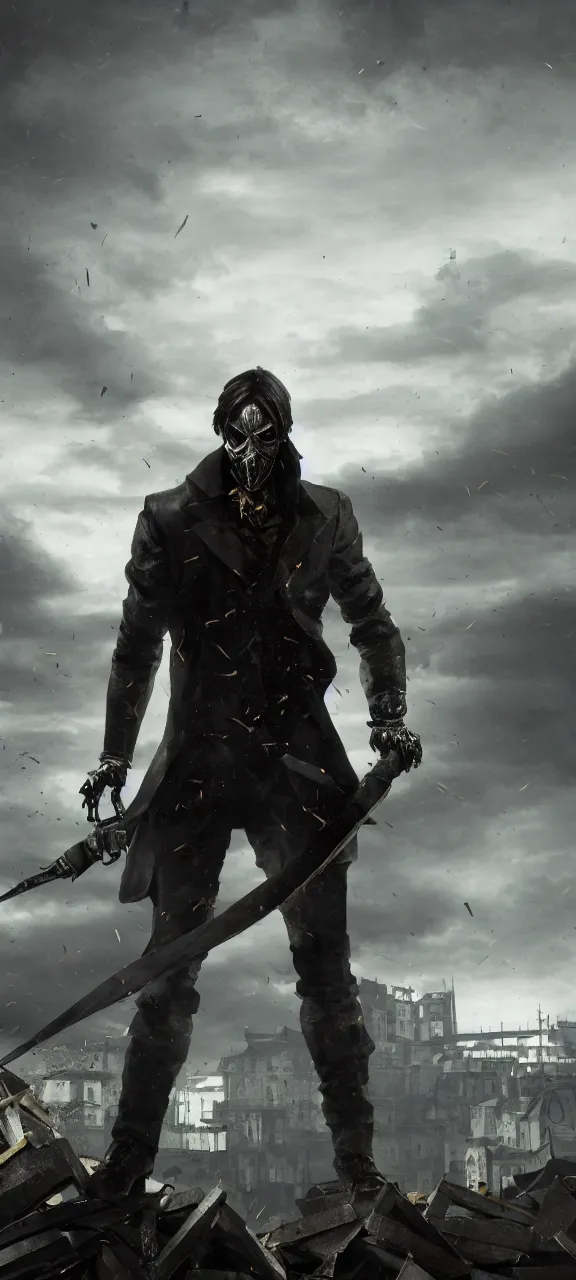Prompt: a zoomed out portrait of corvo attano standing in a menacing fight stance on a high metal scrap pile holding a fold blade in his left hand, dunwall city behind him, grey color palette, cinematic lighting, depressive atmosphere, sharp focus, dishonored wallpaper 4 k, backlit, dishonored 1 wallpaper, hard focus, full body shot, cinematic