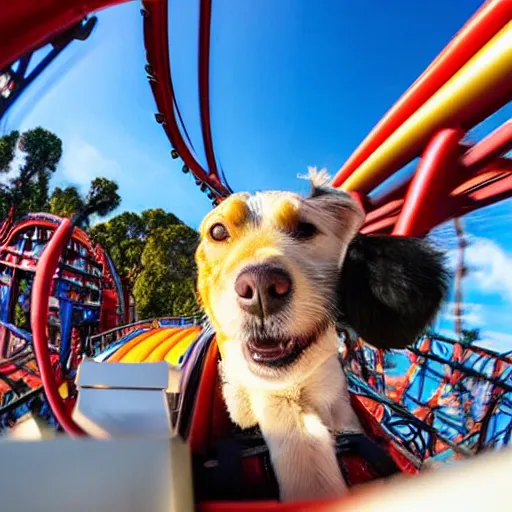 Prompt: selfie of a dog riding a roller coaster, wide angle, highly detailed