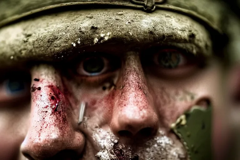 Image similar to An extreme close-up of a WW1 soldier's face, high anxiety, mud, grime, sweat, filth, dramatic lighting, ARRI ALEXA Mini LF, ARRI Signature Prime 35mm T 1.8 Lens, 4K film still by Sam Mendes, Roger Deakins,