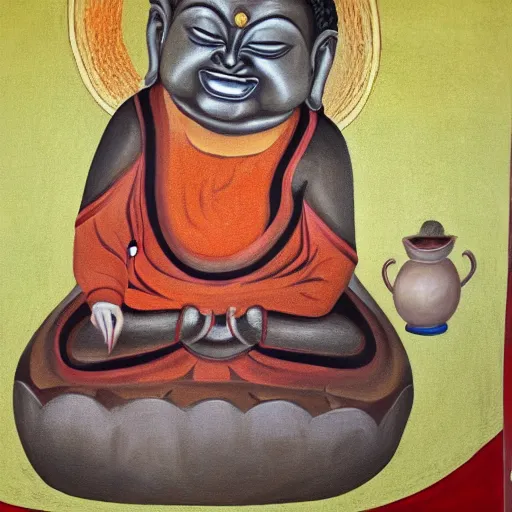 Prompt: painting of laughing buddha with cat