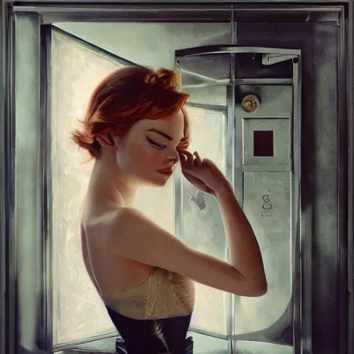 Image similar to emma stone in soviet public toilet, sharp focus, detailed, art by artgerm trufanov rolf armstrong, lucian freud dragan bibin