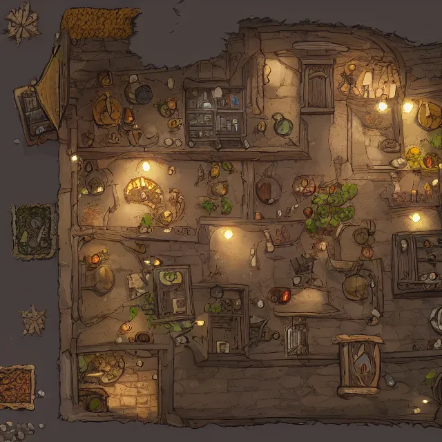 Prompt: a top - down rpg battlemap of a cosy medieval apothecary shop, volumetric lighting, digital art, artstation hd, / r / battlemaps