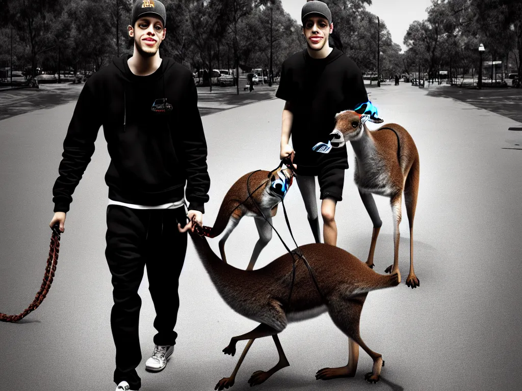 Prompt: pete davidson walking a kangaroo, 4k, trending on artstation, photorealistic, hyper detailed,