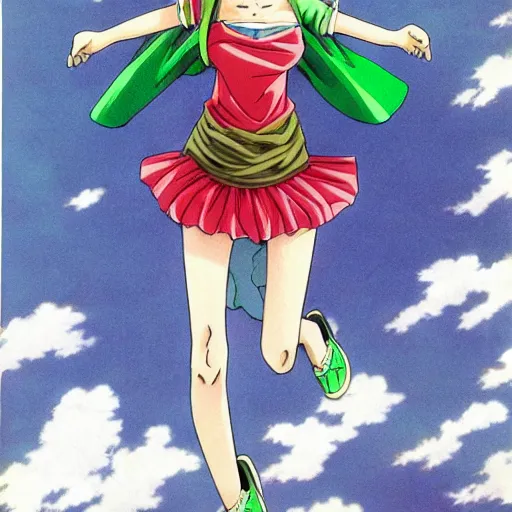 Image similar to anime, girl, green dress, flying, one piece, by akira toriyama