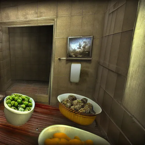 Image similar to the potatoes are invading putin bathroom, potatoes atttack putin's bathroom, realistic, hdr, clear image, hdd, dynamic lighting, rtx on,