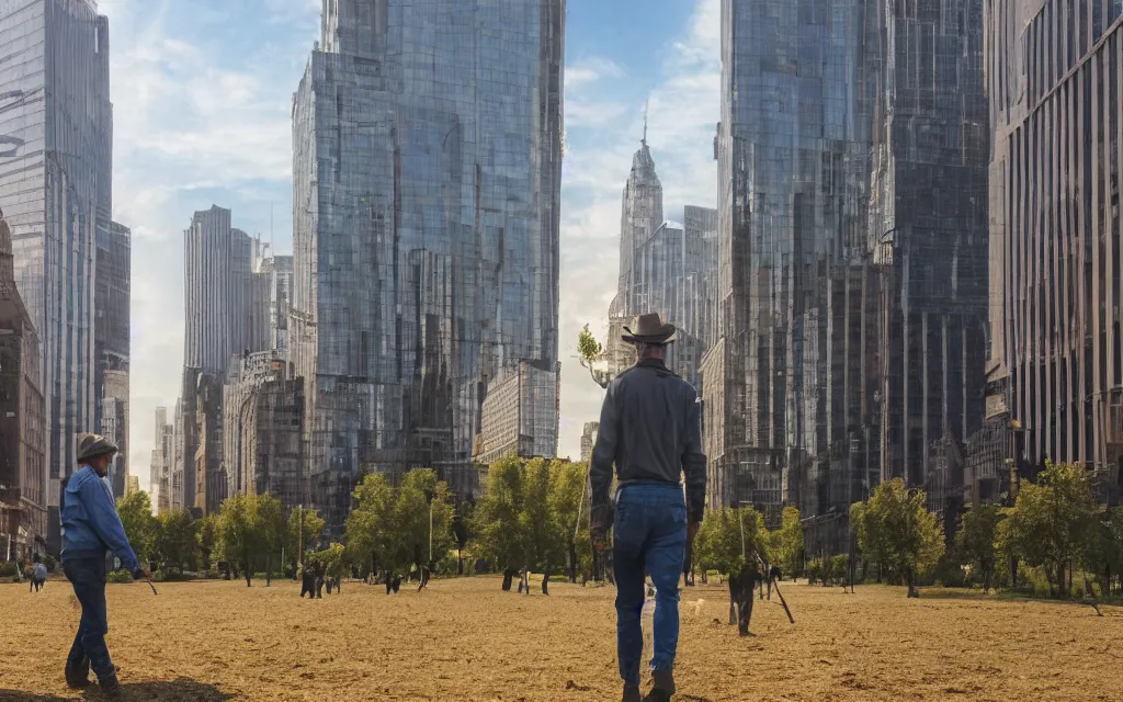 Prompt: a giant farmer walking in the big city. beautiful, realistic, 4K