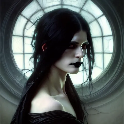 Image similar to portrait painting of an androgynous goth witch with shoulder length flowing black hair pale skin and beautiful dark brown eyes, ultra realistic, concept art, intricate details, eerie, highly detailed, photorealistic, octane render, 8 k, unreal engine. art by artgerm and greg rutkowski and alphonse mucha