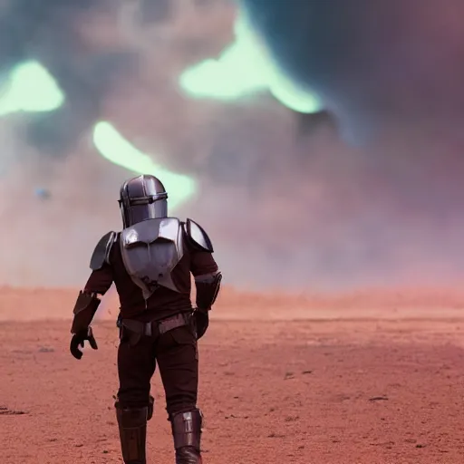 Image similar to the mandolorian walking away from huge explosion, 8k, cinematic, photorealistic