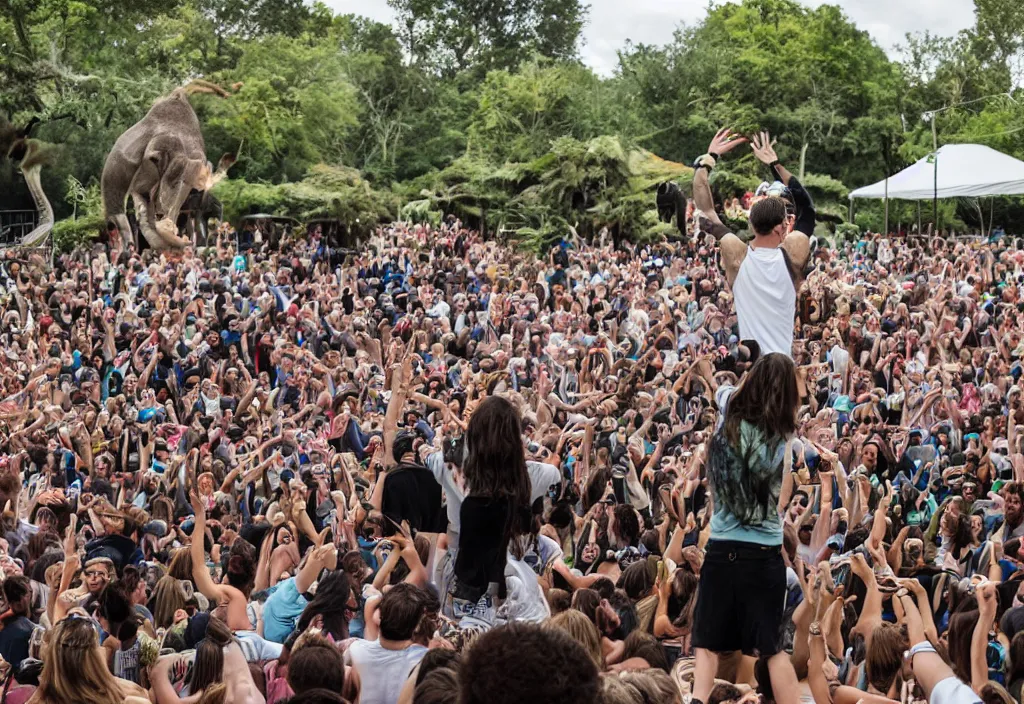 Image similar to a dj performing to a crowd of zoo animals