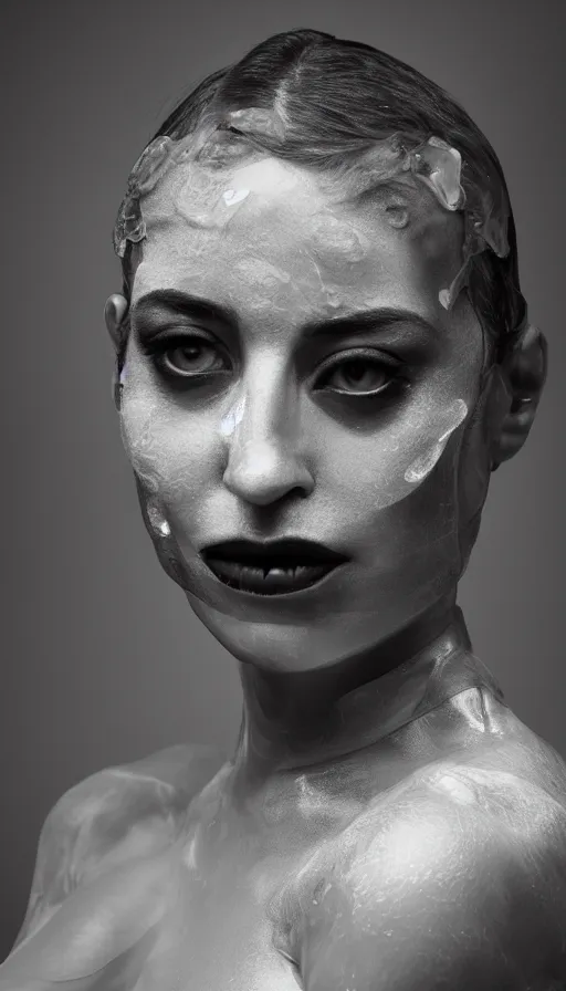 Prompt: FujiFilm X-T3 + XF50-140mm f/1.4 photograph of Arca (Alejandra Ghersi) emerging from fog, Arca mechanical limbs, Arca opal flesh, Arca face portrait, translucent skin, mechanical dilation