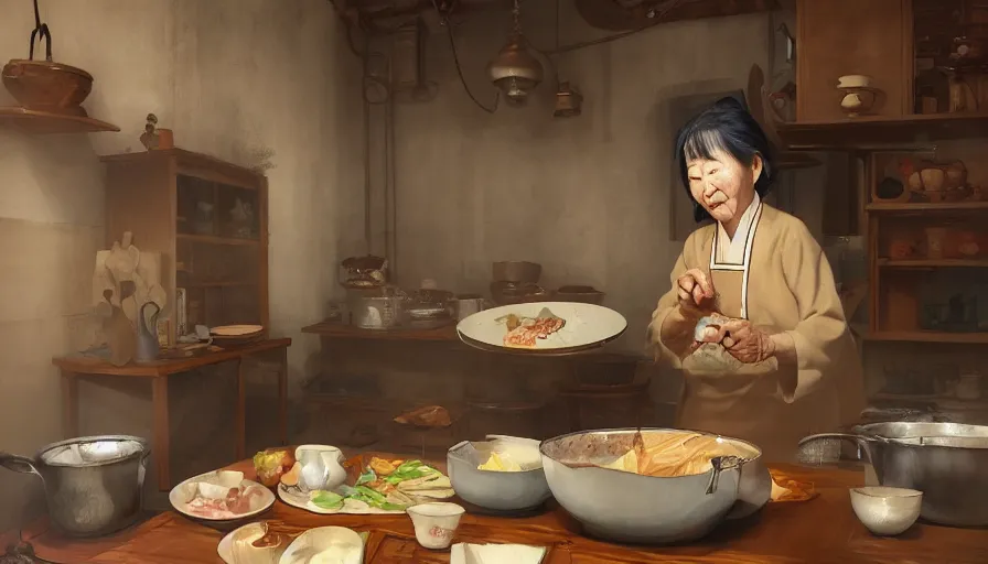 Image similar to old japanese lady cooking in old 1 8 0 0's kitchen, hyperdetailed, artstation, cgsociety, 8 k