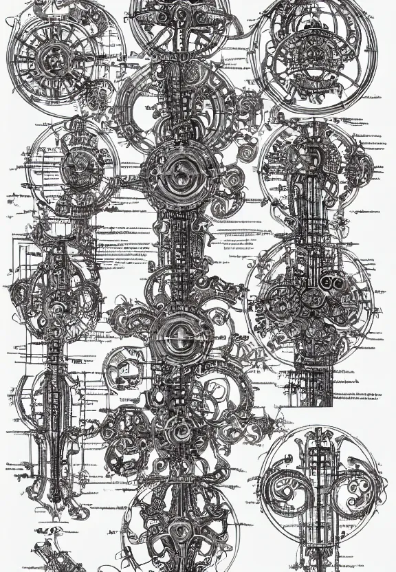 Image similar to schematic blueprint of highly detailed ornate filigreed convoluted ornamented elaborate cybernetic medical equipment, art by da vinci