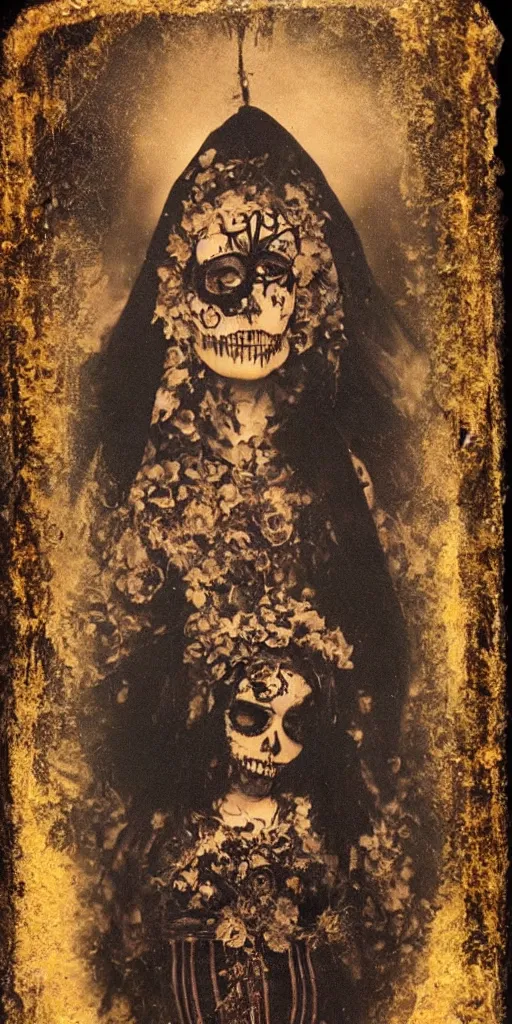 Image similar to tintype full body view, virgin mary in dia de muertos dress and make up, horrific beautiful vibe, evocative, atmospheric lighting, painted, intricate, highly detailed,