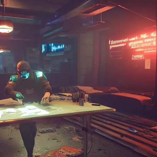 Image similar to ripper doc surgery table corpses underground shady. low light. Cyberpunk 2077. CP2077. 3840 x 2160