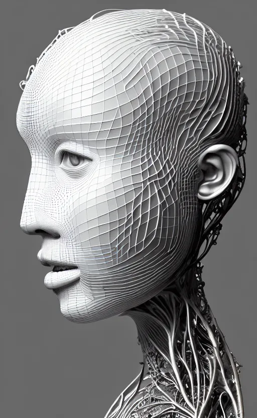 Prompt: complex 3d render ultra detailed of a beautiful porcelain profile woman face, vegetal dragon cyborg, 150 mm, beautiful natural soft light, rim light, silver gold black details, magnolia leaves and stems, roots, fine lace, maze like, mandelbot fractal, anatomical, glass, facial muscles, cable wires, microchip, elegant, white metallic armour, octane render, black and white, H.R. Giger style