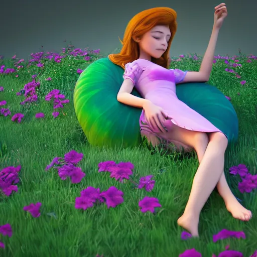 Image similar to girl sleeping on a big flower, 3 d render, incredible details, highly detailed, photorealistic, disney pixar, smooth, octane render, iridescent, 8 k