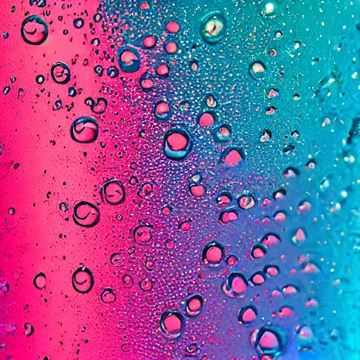 Image similar to photo of a soda. The label is blue with pink sparkles, green bubbles are floating out of the top. Condensation drips down the side. High contrast, bright colors, gritty detail