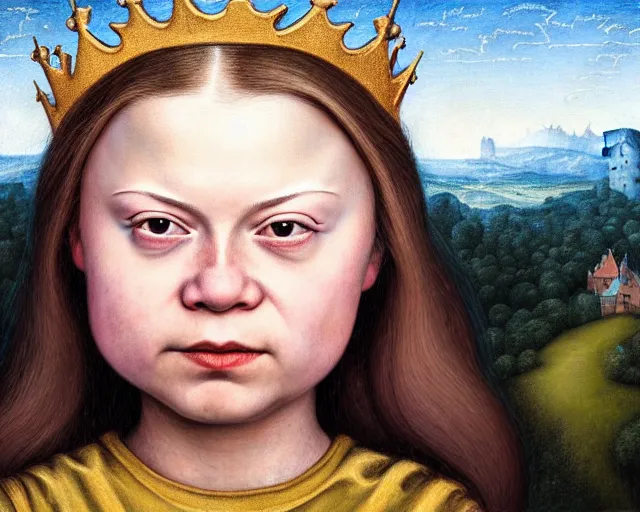 Image similar to closeup profile medieval bosch portrait of greta thunberg as a fairytale princess wearing a crown eating cakes in the castle kitchen, nicoletta ceccoli, mark ryden, lostfish, max fleischer, hyper realistic, artstation, illustration, digital paint, matte paint, vivid colors, bright, cheerful, detailed and intricate environment