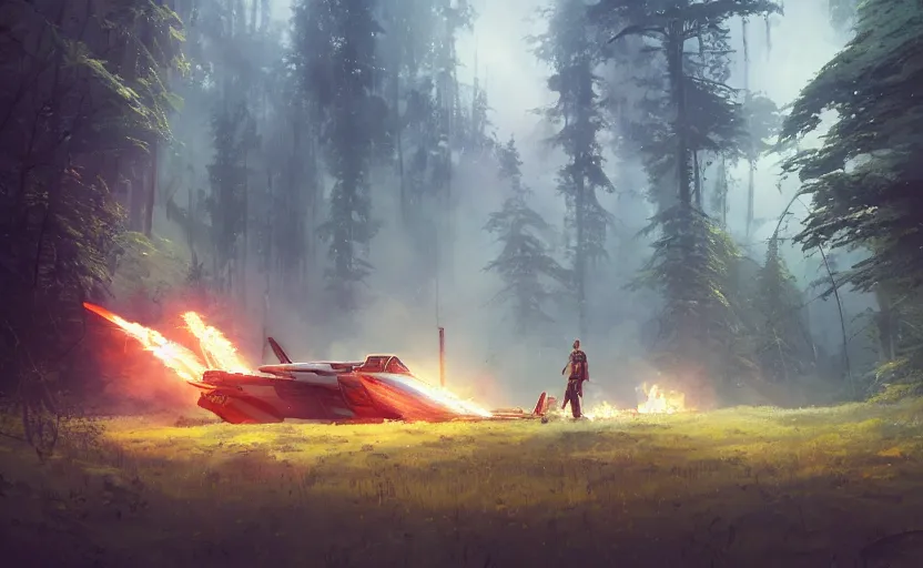 Prompt: one single fighter design spaceship on fire crashed on the ground, on the ground, smoke, smoke, cloudy air, forest, swamp, debris. Atmospheric lighting, overgrowth. By Makoto Shinkai, Stanley Artgerm Lau, WLOP, Rossdraws, James Jean, Andrei Riabovitchev, Marc Simonetti, krenz cushart, Sakimichan, trending on ArtStation, digital art.