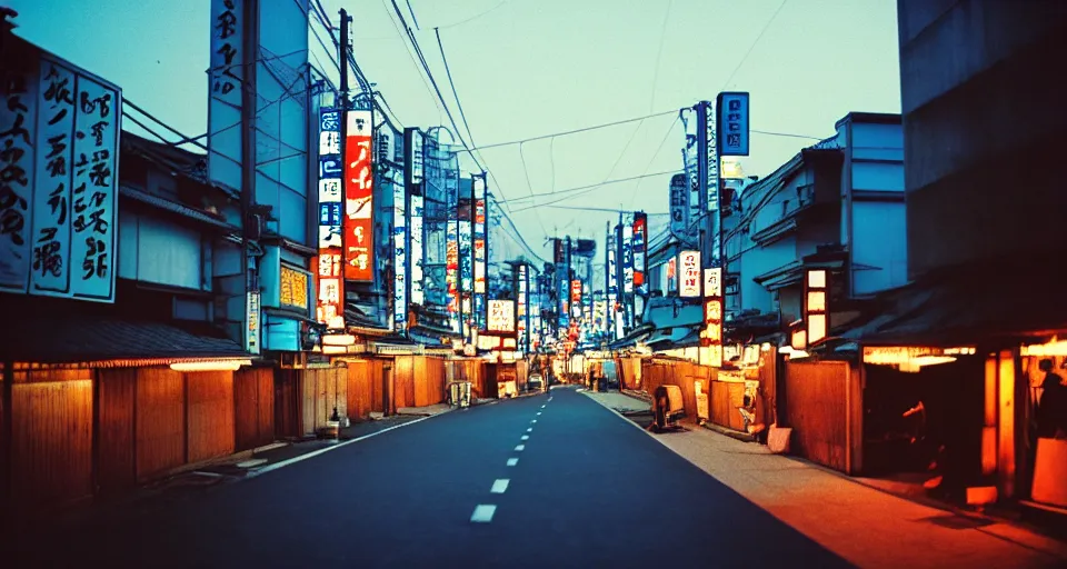 Prompt: blue hour in a japanese metropolis, shot on cinestill 5 0 d with a 3 5 mm lens aperture f / 8, dynamic composition, high camera angle, wide angle, full frame, full res, pinpoint sharp focus, hyper realistic