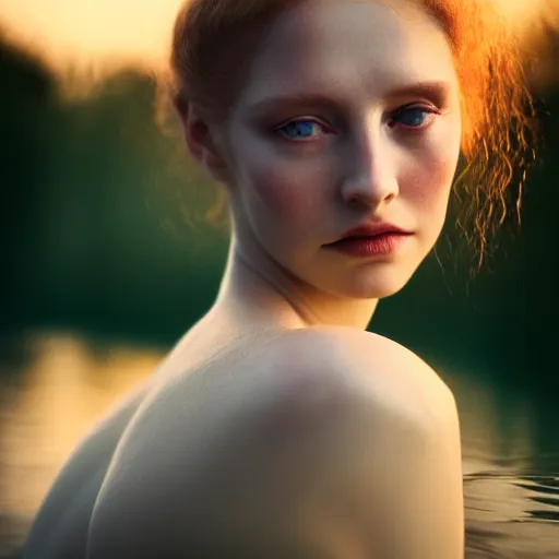 Image similar to photographic portrait of a stunningly beautiful alluring seductive english renaissance female in soft dreamy light at sunset, beside the river, soft focus, contemporary fashion shoot, in a denis villeneuve and tim burton movie, by edward robert hughes, annie leibovitz and steve mccurry, david lazar, jimmy nelsson, extremely detailed, breathtaking, hyperrealistic, perfect face, octane render