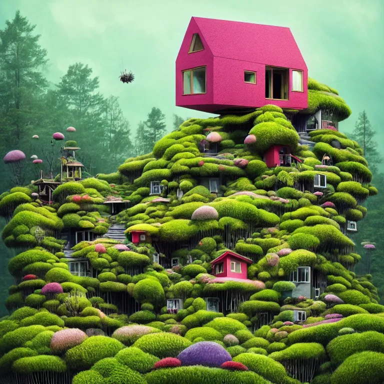 Image similar to tiny house by kengo kuma on island sea cloud surreal art by gediminas pranckevicius geof darrow jason naylor, very coherent, sharp, colorful high contrast, dark shadows, hard lighting, floralpunk flower green plants garden, inking etching screen print, hd, 8 k hyper detailed, octane render