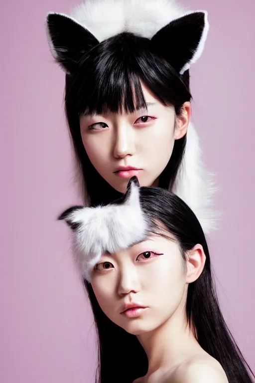 Prompt: aesthetic photograph of alluring young Japanese woman with white cat ears, by Nick Knight and jia ruan, headshot, realistic, photorealistic, HD, 4k resolution