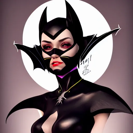 Image similar to 3 / 4 view of a portrait of bat woman with bat wings, confident pose, pixie, genshin impact,, intricate, elegant, sharp focus, illustration, highly detailed, concept art, matte, trending on artstation, marvel comics h 6 4 0