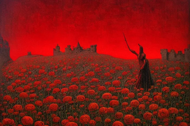 Image similar to only with red, red flowers of different types, a red tiger, a castle in the background, medieval demons dance over the flowers, an ancient path, in the style of beksinski, part by hopper, part by rodcenko, part by hofbauer, intricate composition, red by caravaggio, insanely quality, highly detailed, masterpiece, red light, artstation