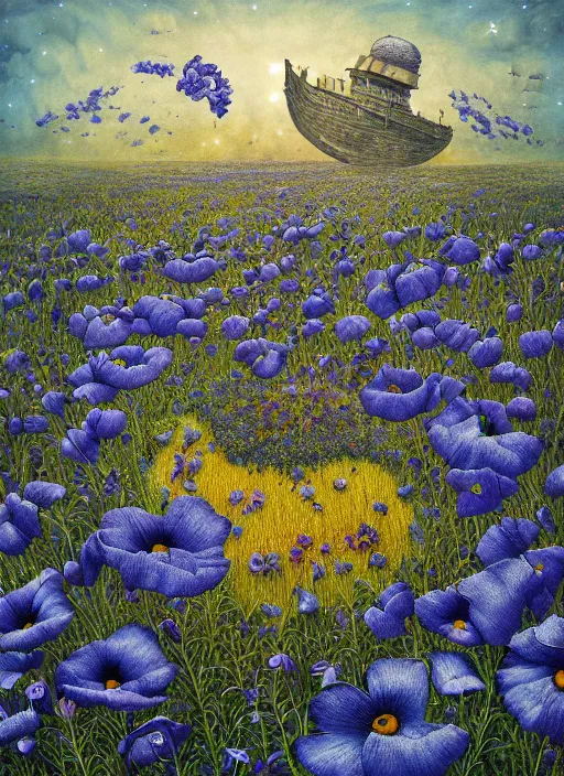 Image similar to detailed, intricate blue black and purple papaverum flower on the field, nebula, galaxy in the sky, winning award masterpiece, fantastically beautiful, illustration, aestheticly inspired, jacek yerka, upscale with anguissola sofonisba work, artstation, 8 k