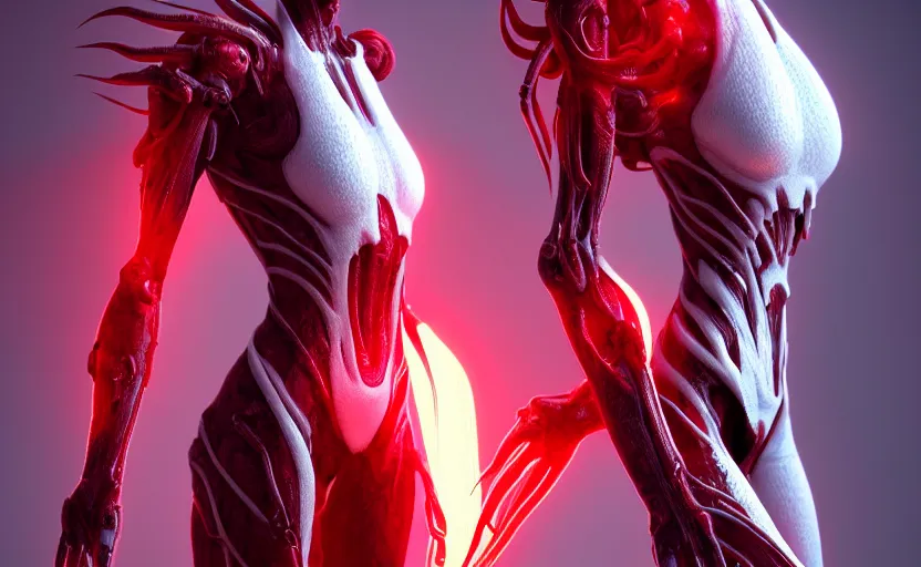 Image similar to stunning symmetric full body character image, woman, predator, Protoss, human, Tsutomu Nihei, 3d octane render, unreal engine, hyper realistic, realistic, white bone armor, soft illumination, human facial features, surrounded in red glowing tendrils of whispy smoke, trending artstation, 4K, insane