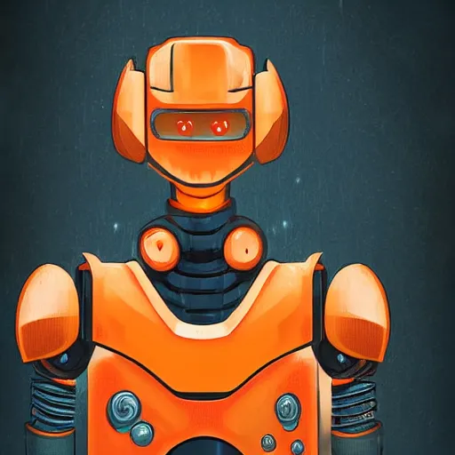 Prompt: A portrait of an orange battle robot drinking orange juice, fantasy art, clean digital art, clean background, D&D art style, dark feeling, chill feeling