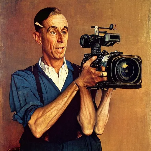 Image similar to norman rockwell painting of a man holding a large television - video - camera