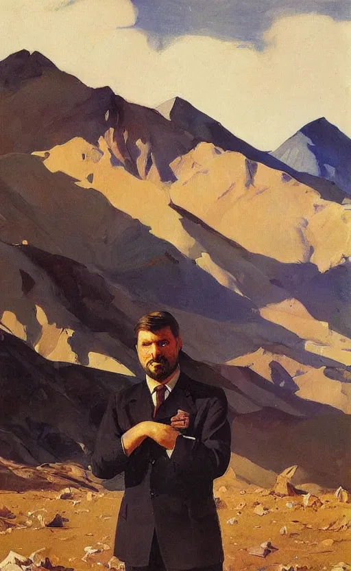 Image similar to portrait of gabriel boric with the andes mountain range in the background in a dystopic chile by john berkey and edward hopper