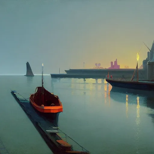 Prompt: Old victorian harbour at dusk, very coherent, painted by Edward Hopper, Wayne Barlowe, painted by James Gilleard, airbrush, art by JamesJean