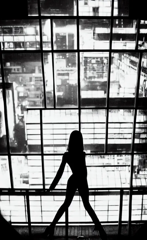 Prompt: vertical movie frame, silhouette of a girl in 7 0's retro club, editorial, fashion, neon - decorated urban on night in the city seen through the window, modern architecture design, vintage, night, blade runner, dark, clean lines, asian futuristic city at distance, big windows, octane, wide angle