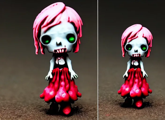 Prompt: a very depressing femo figurine of a cute funny undead strawberry fairy zombie with bandages wearing a dirty floral torn strawberry dress featured on resident evil by david cronenberg and gamesworkshop, carrying survival gear, wearing strawberry backpack, shambling aimlessly in the night, dark melancholic atmosphere, 🎀 🧟 🍓 🧚