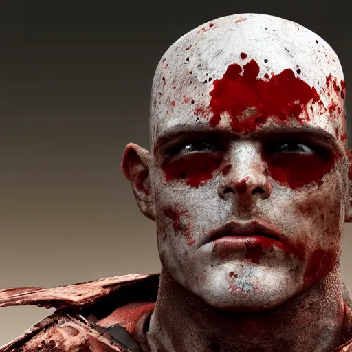 Image similar to headshot of a 5 0 year old soldier vertical grooves on the ridge of his nose, angular eyebrows, blood - spattered glossy sleek white dinged scuffed armor and a long torn red cape, heroic posture, battle - weary, strained expression, determined expression, no helmet, on the surface of mars, dramatic lighting, cinematic, sci - fi, hyperrealistic, detailed