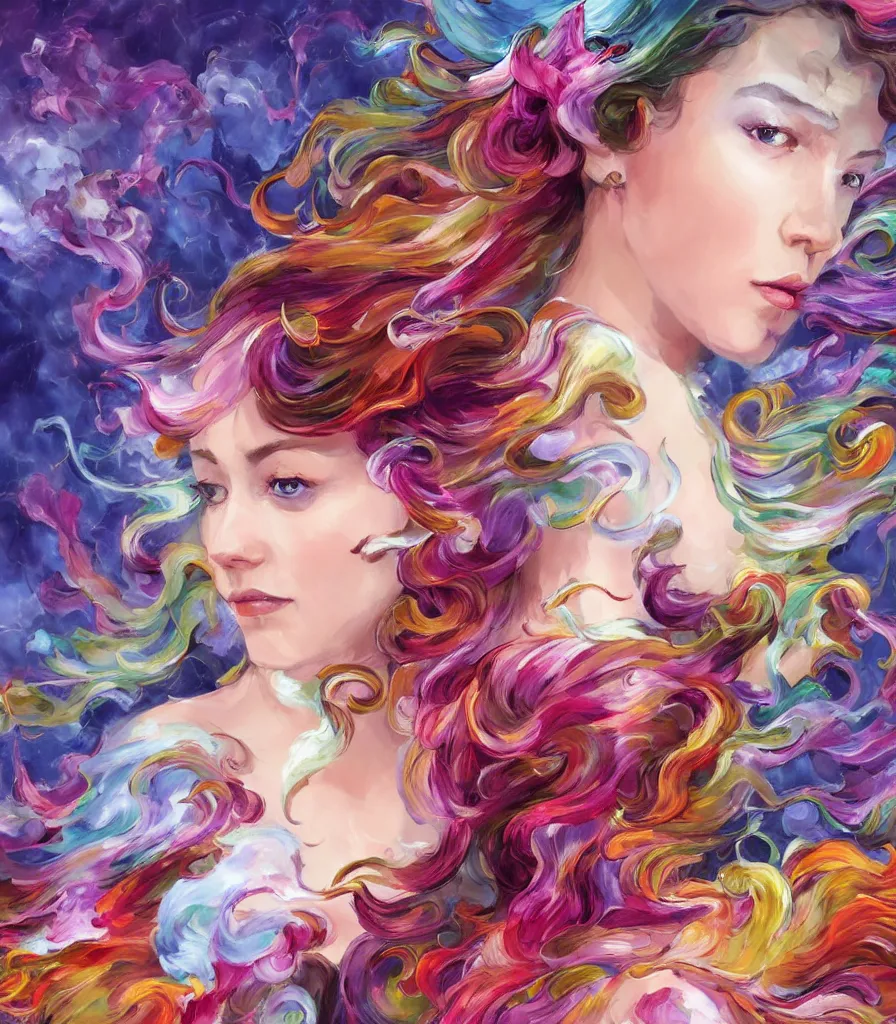 Image similar to a colorful and provenance illustrations painting of the fantasy female who with floral wing, highly detailed, her hair made of hair made of air wind and curling smoke, mist, dust, genie, spirit fantasy concept art, art by afremov and leonid, trending on artstation.