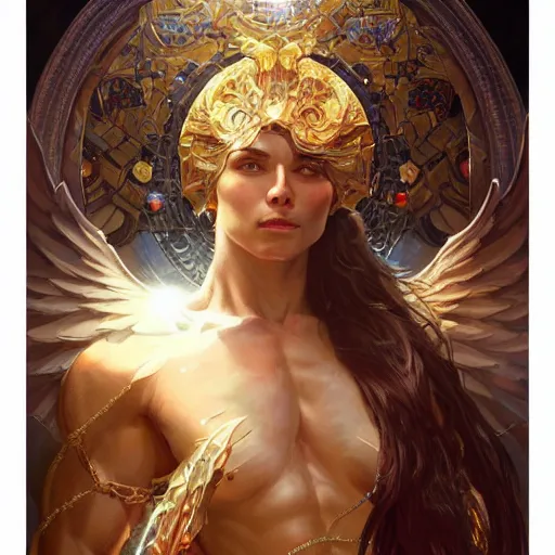 Image similar to portrait of a heavenly god, full body, muscular, fantasy, intricate, elegant, dramatic lighting, highly detailed, digital painting, artstation, concept art, matte, sharp focus, illustration, art by artgerm and greg rutkowski and alphonse mucha