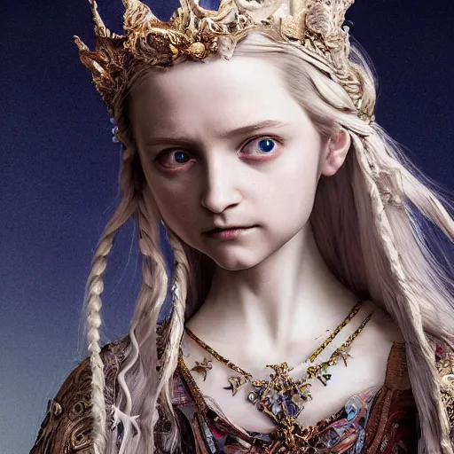 Image similar to character portrait of the white queen thomasin mckenzie with gorgeous detailed eyes in the marketplace in the sky, color page, tankoban, 4 k, tone mapping, doll, akihiko yoshida, james jean, andrei riabovitchev, marc simonetti, yoshitaka amano, kentaro miura, long hair, curly