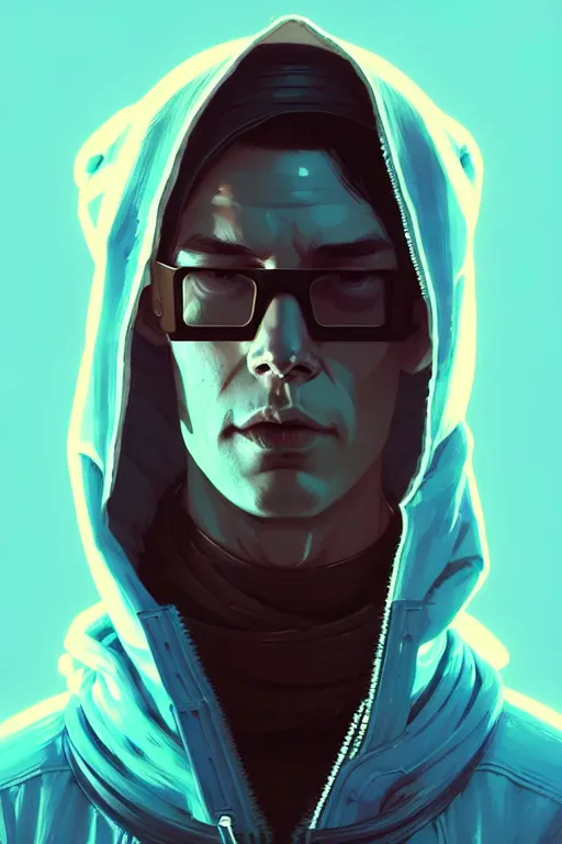 Image similar to cyberpunk synth, hyper - realistic portrait of a man in a hoodie, cyberpunk, by atey ghailan, by greg rutkowski, by greg tocchini, by james gilleard, by joe fenton, by kaethe butcher, dynamic lighting, gradient light blue, brown, blonde cream and white color scheme, grunge aesthetic