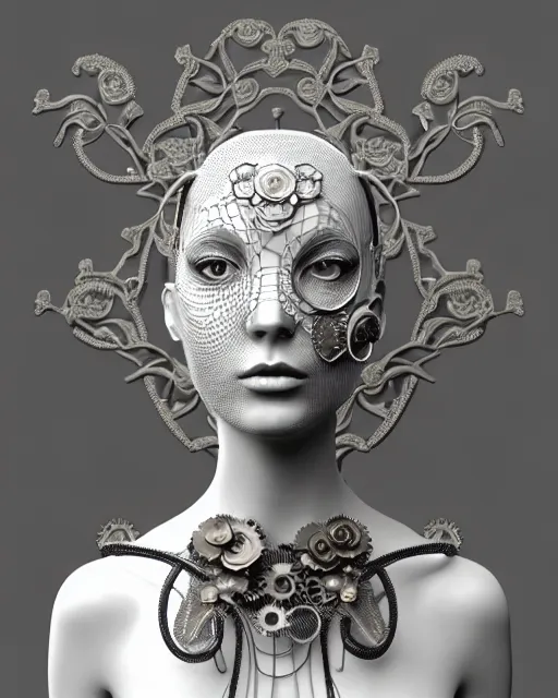 Image similar to monochrome 3 d model, 1 8 7 0 picture, silver mesh floral steampunk biomechanical beautiful young female cyborg with porcelain profile face and a techno eye, volumetric light, leaves foliage and stems, hibiscus flowers, sinuous fine roots, fine foliage lace, alexander mcqueen, rim light, big gothic fashion pearl embroidered collar, octane render, 8 k