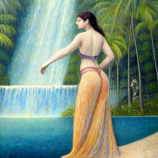 Image similar to a ultradetailed beautiful painting of lorde standing in front of the diamonds waterfall in the amazonas palace balustrade designed by jules bastien - lepage, tarsila do amaral, frank weston and gustave baumann, beach, trending on artstation, mediterranean, palm trees, sharp focus, soft light, 8 k 4 k