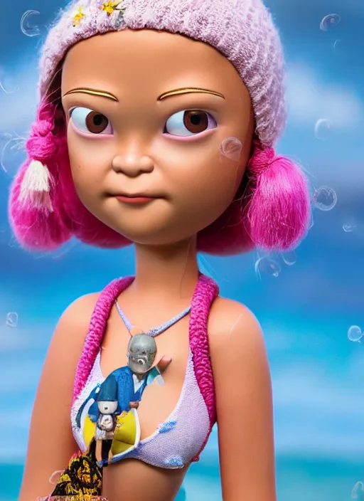 Image similar to closeup profile portrait of tin toy greta thunberg wearing a bikini, depth of field, zeiss lens, detailed, symmetrical, centered, fashion photoshoot, by nicoletta ceccoli, mark ryden, lostfish, breathtaking, 8 k resolution, extremely detailed, beautiful, establishing shot, artistic, hyperrealistic, octane render