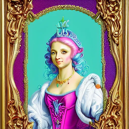 Prompt: baroque rococo pastel anthromorphic regal female queen rabbit Greg Hildebrandt Lisa frank portrait