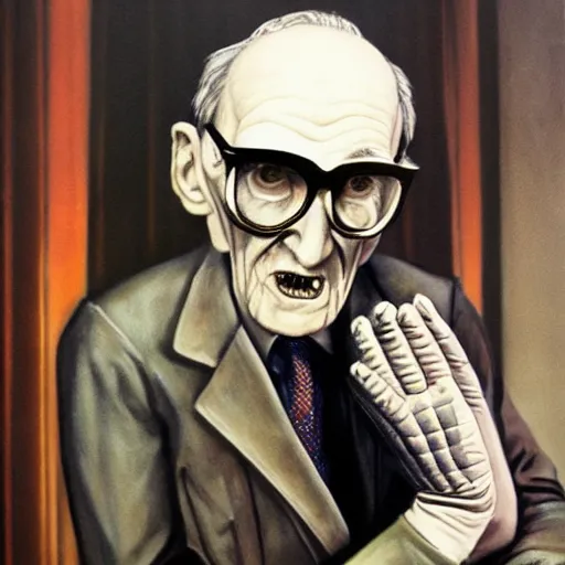 Image similar to beautiful lifelike painting of william burroughs wearing technical gloves, hyperreal detailed facial features and uv lighting, art by ed roth and basil wolverton